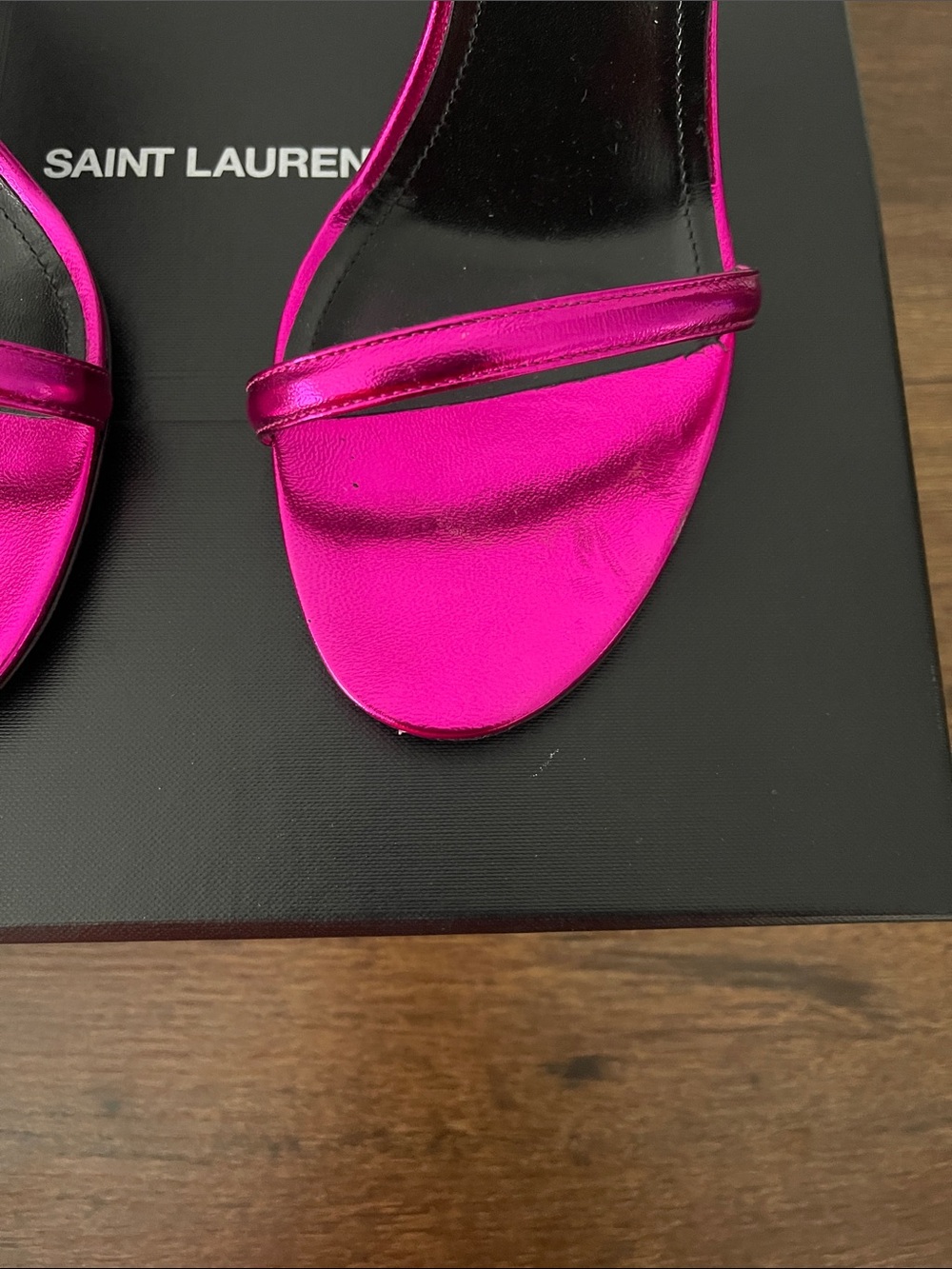 Saint Laurent Metallic Fuchsia Open-Toe Stiletto Sandals - Picture 6 of 12